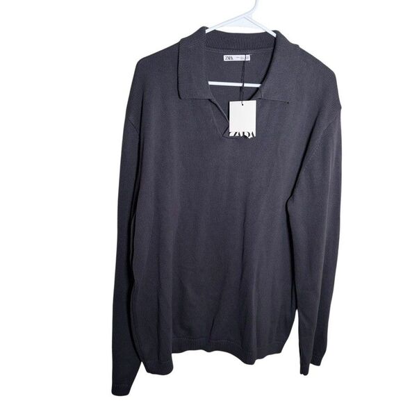 Zara Sweater Men's Large V-Neck Collared Knit Pullover Casual Dark NWT - Picture 1 of 9